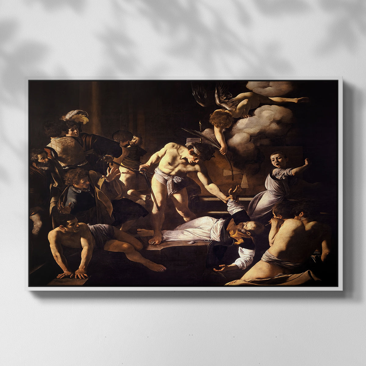 Front view of The Martyrdom of Saint Matthew, 1599-1600 by Caravaggio in a white floater framed canvas.