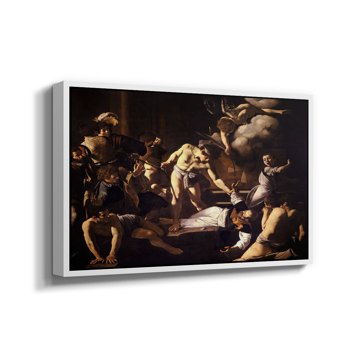 Angled view of The Martyrdom of Saint Matthew, 1599-1600 by Caravaggio in a white floater framed canvas.