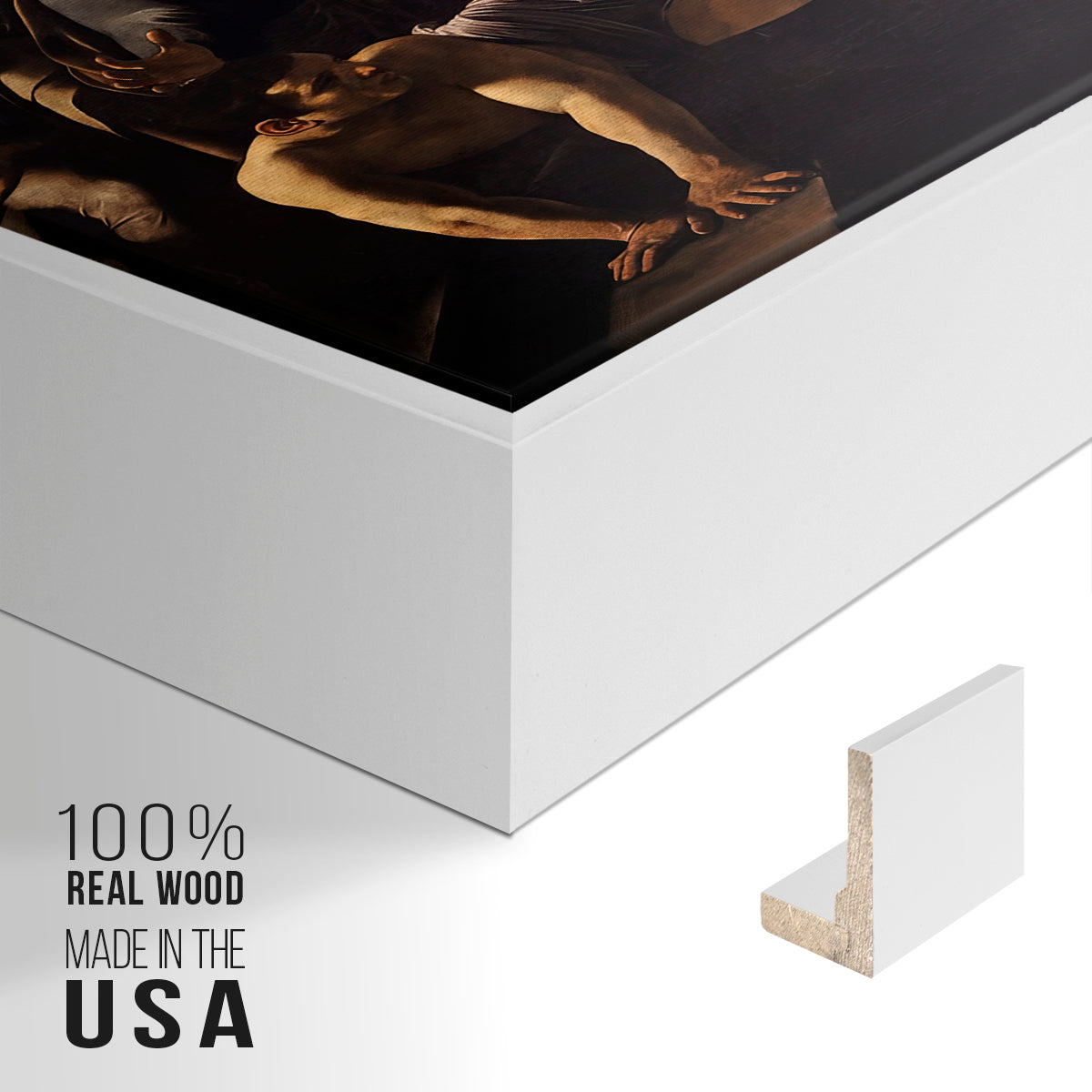 Close-up of the white floater frame corner and gallery wrapped canvas construction.