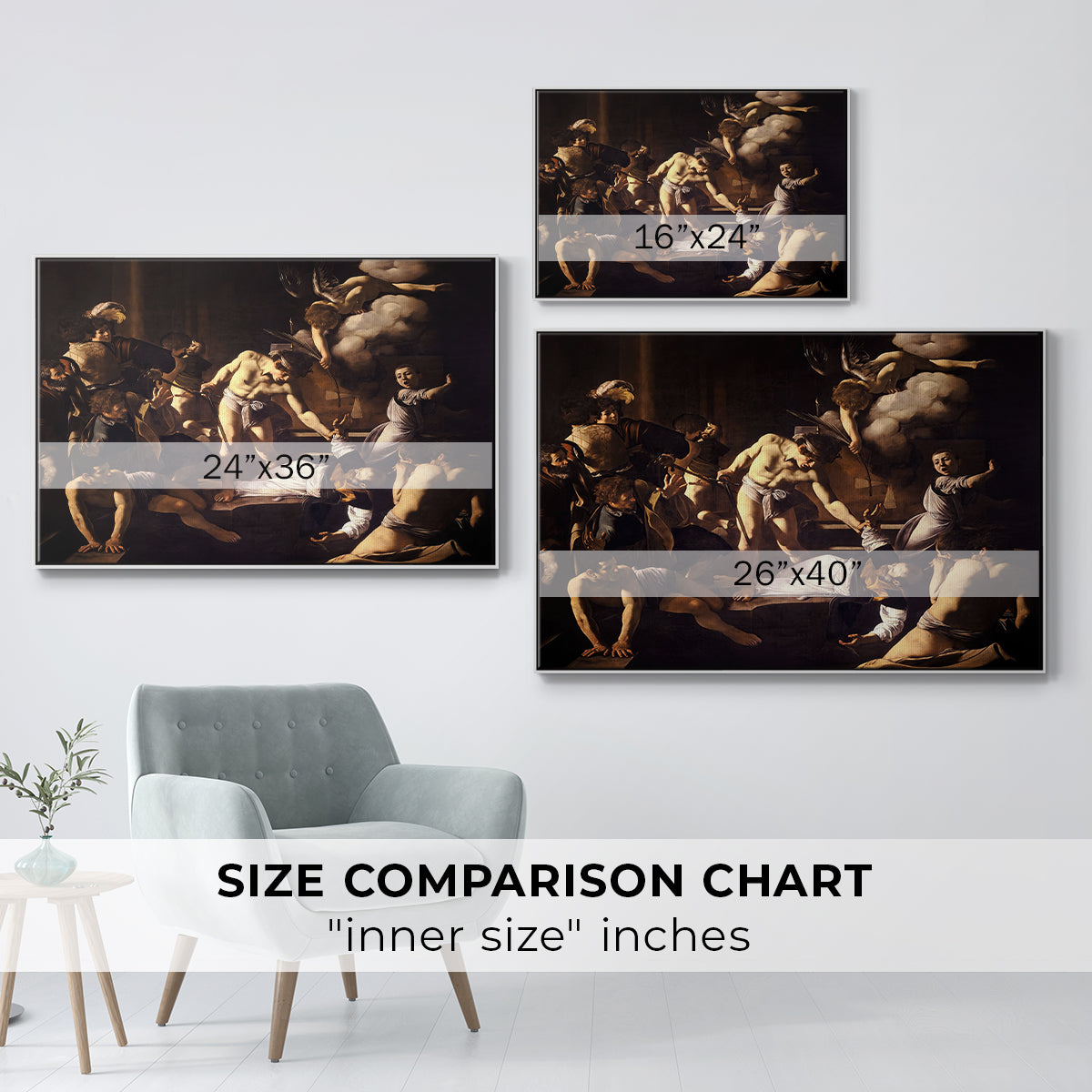 Size comparison chart for white floater framed canvas featuring The Martyrdom of Saint Matthew, 1599-1600 by Caravaggio.