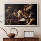 White floater framed canvas featuring a religious narrative showing violent attack on saint in crowded setting, displayed above a cabinet in a soft-toned living room.