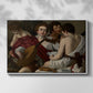 Front view of The Musicians, c. 1595 by Caravaggio in a white floater framed canvas.