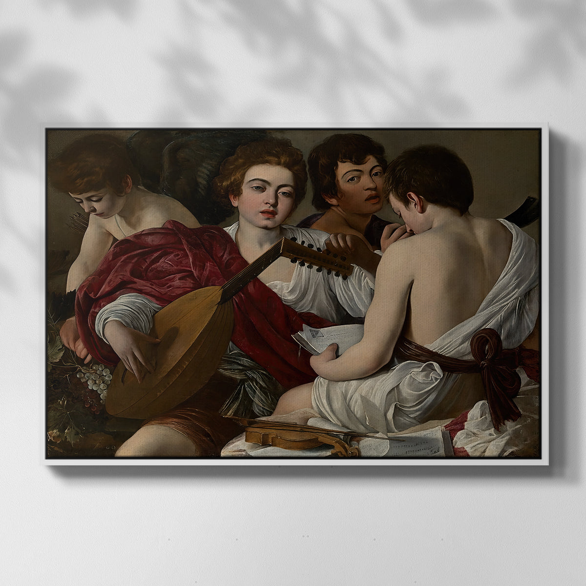 Front view of The Musicians, c. 1595 by Caravaggio in a white floater framed canvas.
