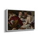 Angled view of The Musicians, c. 1595 by Caravaggio in a white floater framed canvas.