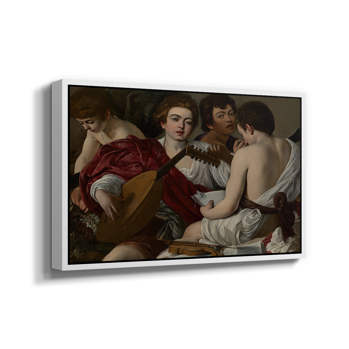 Angled view of The Musicians, c. 1595 by Caravaggio in a white floater framed canvas.