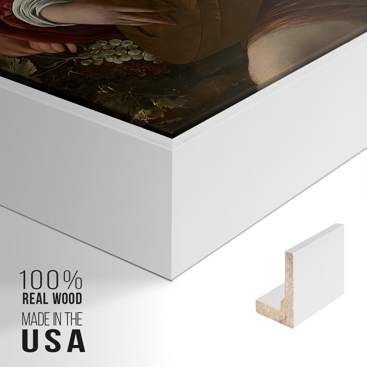 Close-up of the white floater frame corner and gallery wrapped canvas construction.
