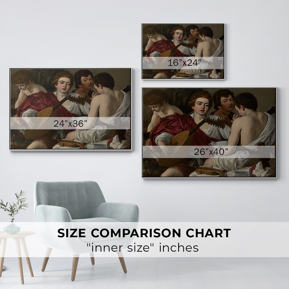 Size comparison chart for white floater framed canvas featuring The Musicians, c. 1595 by Caravaggio.