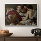 The Musicians, c. 1595 by Caravaggio in a white floater framed canvas displayed above a console table in a hallway, featuring a musical gathering with figures posed closely in soft light.