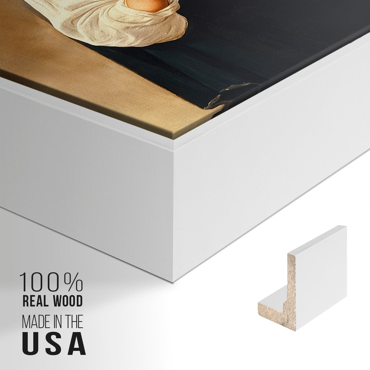 Close-up of the white floater frame corner and gallery wrapped canvas construction.