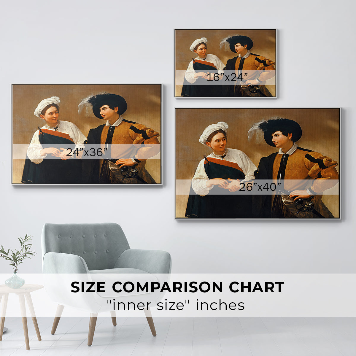 Size comparison chart for white floater framed canvas featuring The Fortune Teller (Capitoline Version), c. 1599 by Caravaggio.
