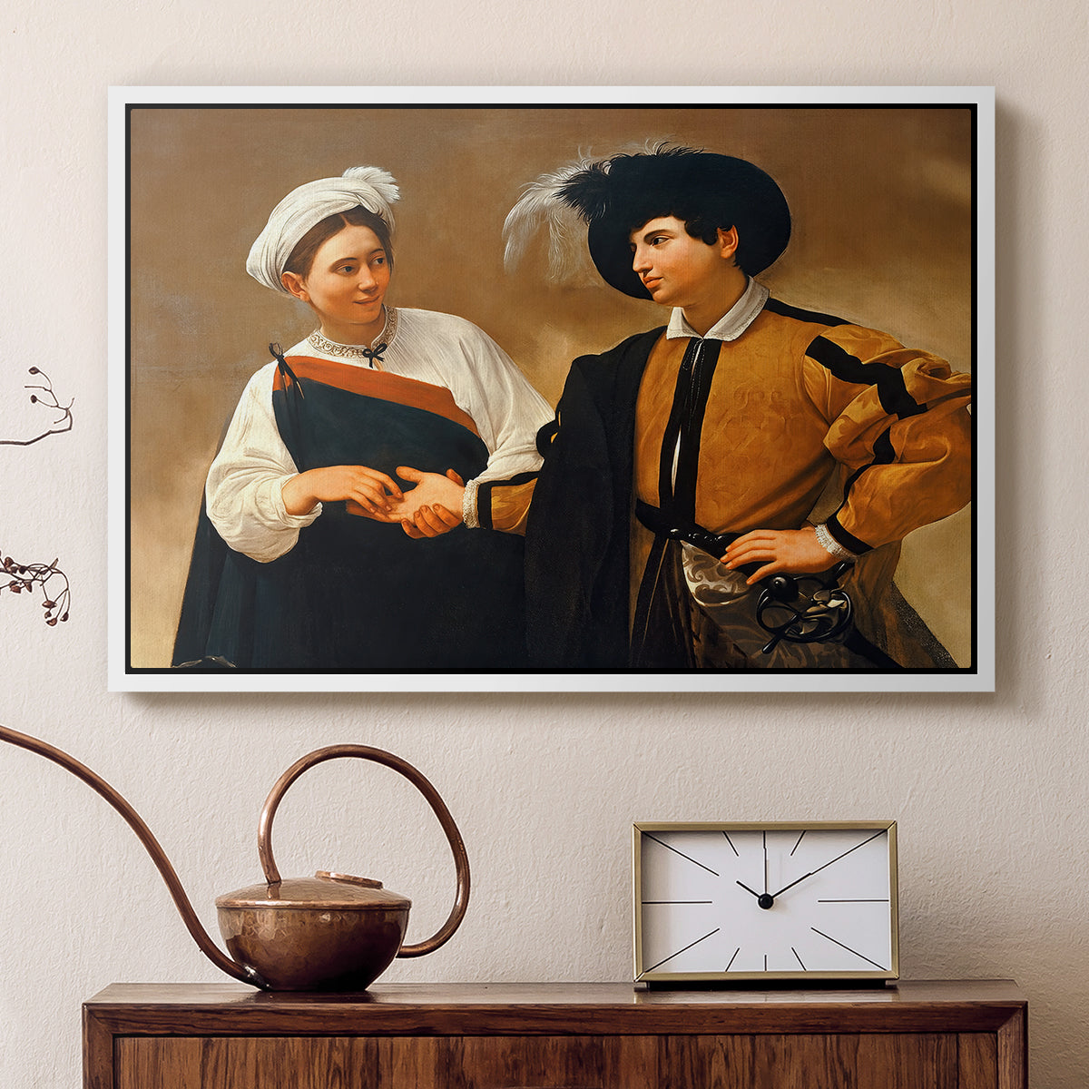 White floater framed canvas featuring a close interaction between two figures involving deception and gesture, displayed above a cabinet in a soft-toned living room.