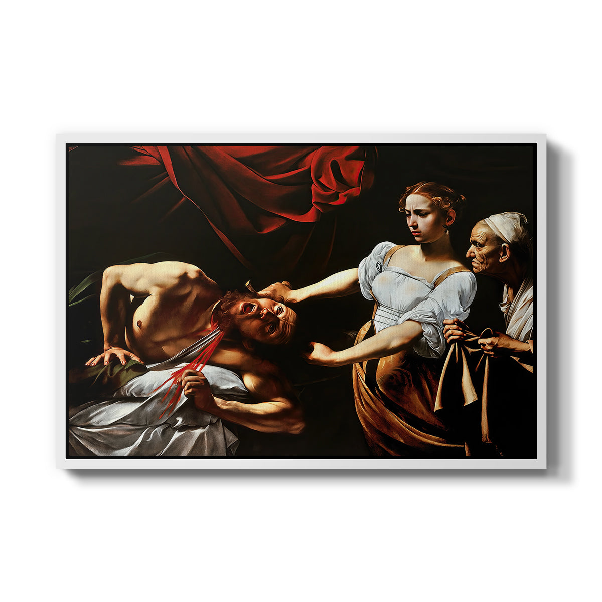 Judith Beheading Holofernes, c. 1599 by Caravaggio in a white floater framed canvas wall art display.