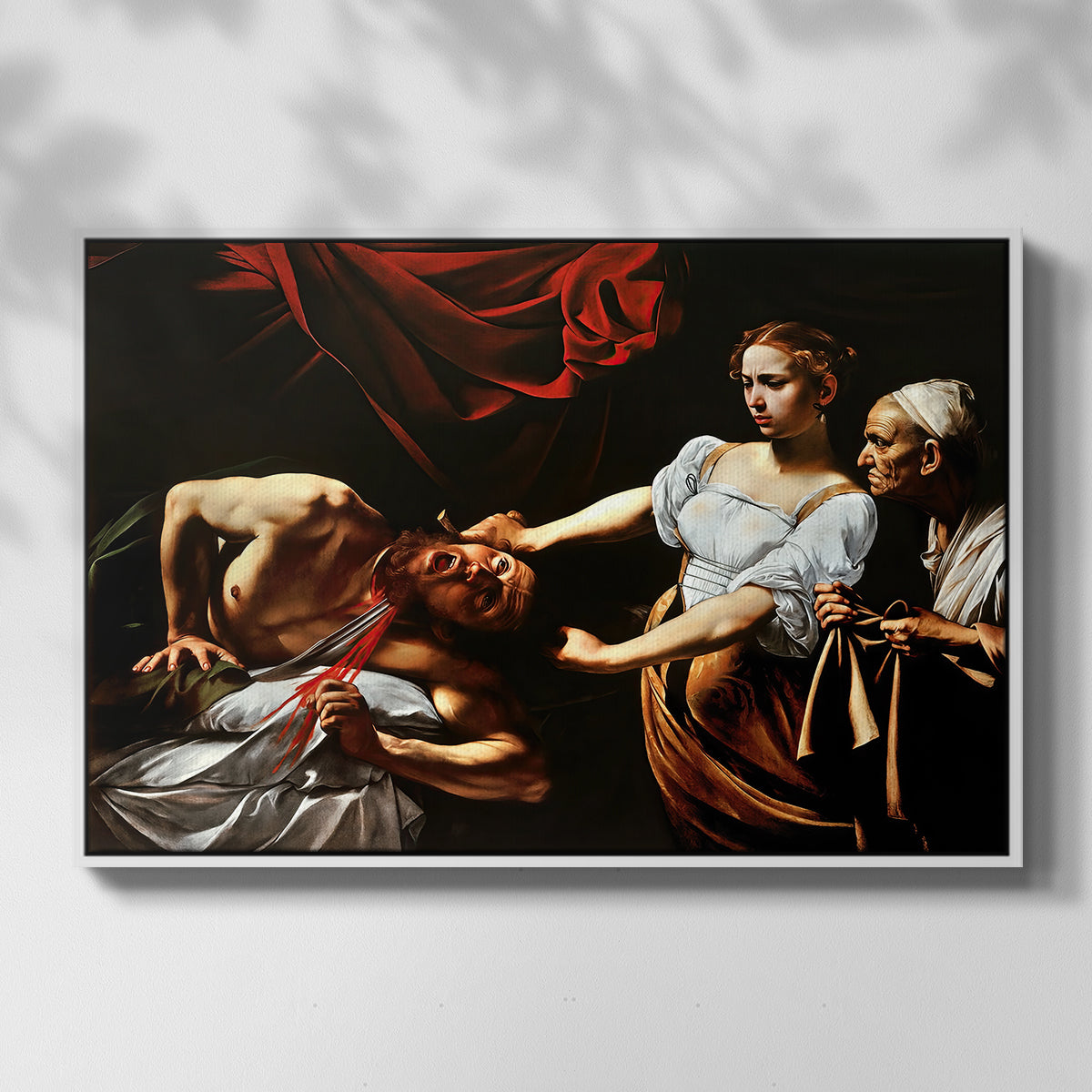 Front view of Judith Beheading Holofernes, c. 1599 by Caravaggio in a white floater framed canvas.