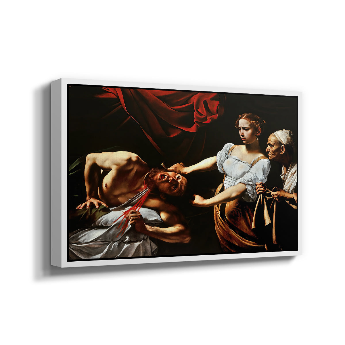 Angled view of Judith Beheading Holofernes, c. 1599 by Caravaggio in a white floater framed canvas.