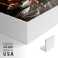 Close-up of the white floater frame corner and gallery wrapped canvas construction.