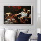 Judith Beheading Holofernes, c. 1599 by Caravaggio displayed above a sofa in a living room in a white floater frame, featuring a dramatic biblical scene of woman beheading man in bed.