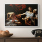 Judith Beheading Holofernes, c. 1599 by Caravaggio in a white floater framed canvas displayed above a console table in a hallway, featuring a violent religious narrative with strong contrast of light and shadow.
