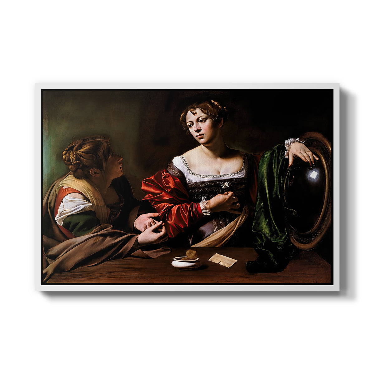 Martha and Mary Magdalene, c. 1598 by Caravaggio in a white floater framed canvas wall art display.