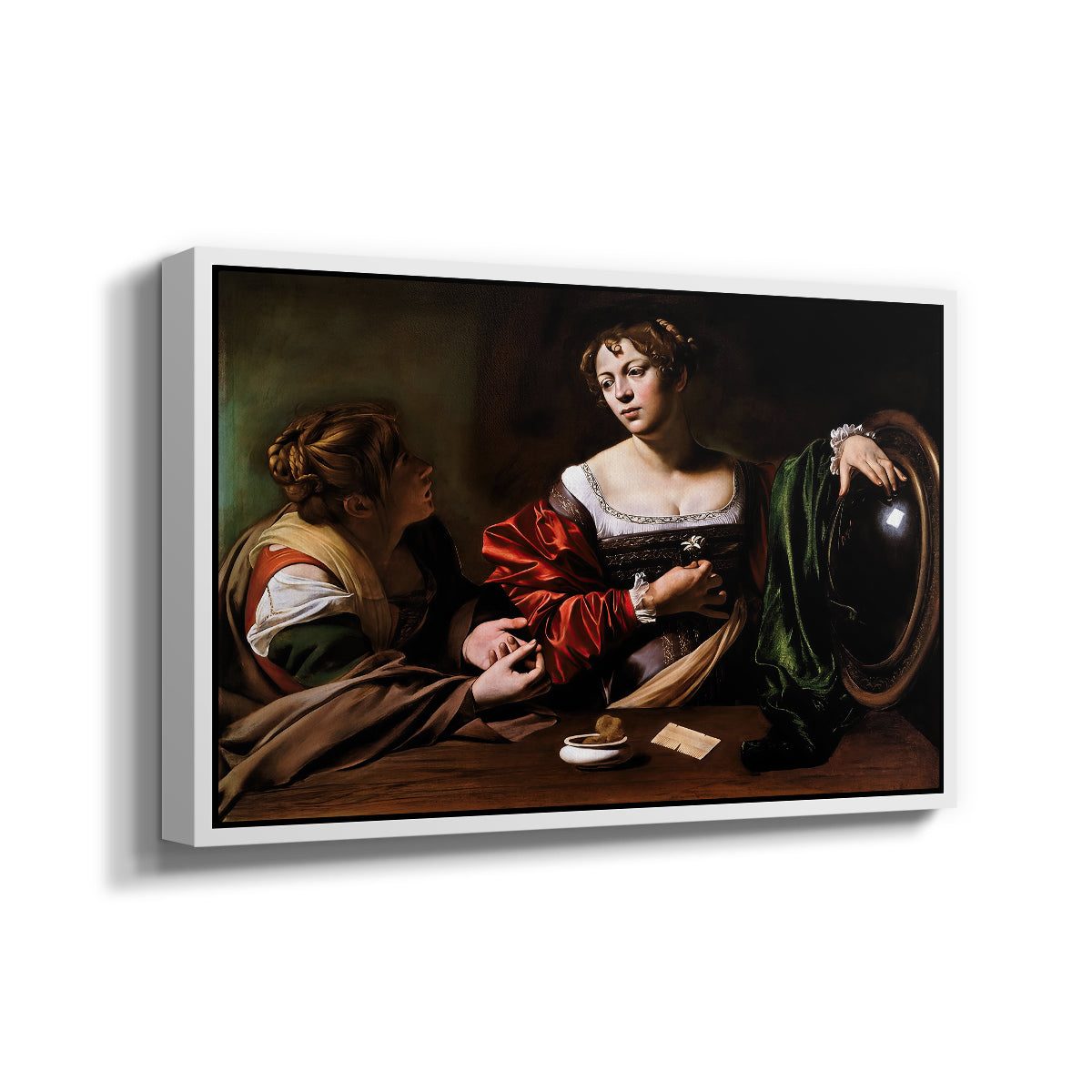Angled view of Martha and Mary Magdalene, c. 1598 by Caravaggio in a white floater framed canvas.