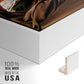 Close-up of the white floater frame corner and gallery wrapped canvas construction.