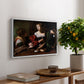 Martha and Mary Magdalene, c. 1598 by Caravaggio, presented in a white floater framed canvas featuring a two women seated together in conversation with symbolic objects on table, displayed above a hallway console table.