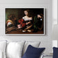 Martha and Mary Magdalene, c. 1598 by Caravaggio displayed above a sofa in a living room in a white floater frame, featuring a biblical scene of Martha speaking to Mary Magdalene indoors.