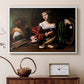 White floater framed canvas featuring an intimate interaction between two women with mirror and objects, displayed above a cabinet in a soft-toned living room.