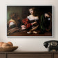 Martha and Mary Magdalene, c. 1598 by Caravaggio in a white floater framed canvas displayed above a console table in a hallway, featuring a religious interior scene with figures engaged in thoughtful dialogue.