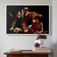 White floater framed canvas featuring The Sacrifice of Isaac (Uffizi Version), c. 1603 by Caravaggio above an entryway table in a minimalist foyer.