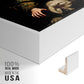 Close-up of the white floater frame corner and gallery wrapped canvas construction.