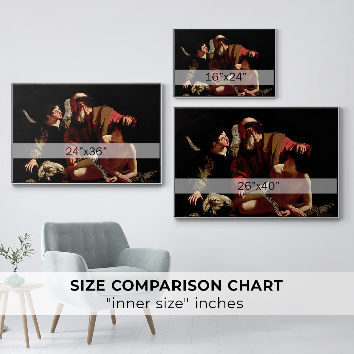 Size comparison chart for white floater framed canvas featuring The Sacrifice of Isaac (Uffizi Version), c. 1603 by Caravaggio.