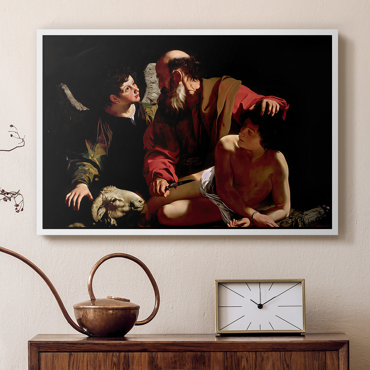 White floater framed canvas featuring a dramatic moment of divine intervention during sacrifice of Isaac, displayed above a cabinet in a soft-toned living room.