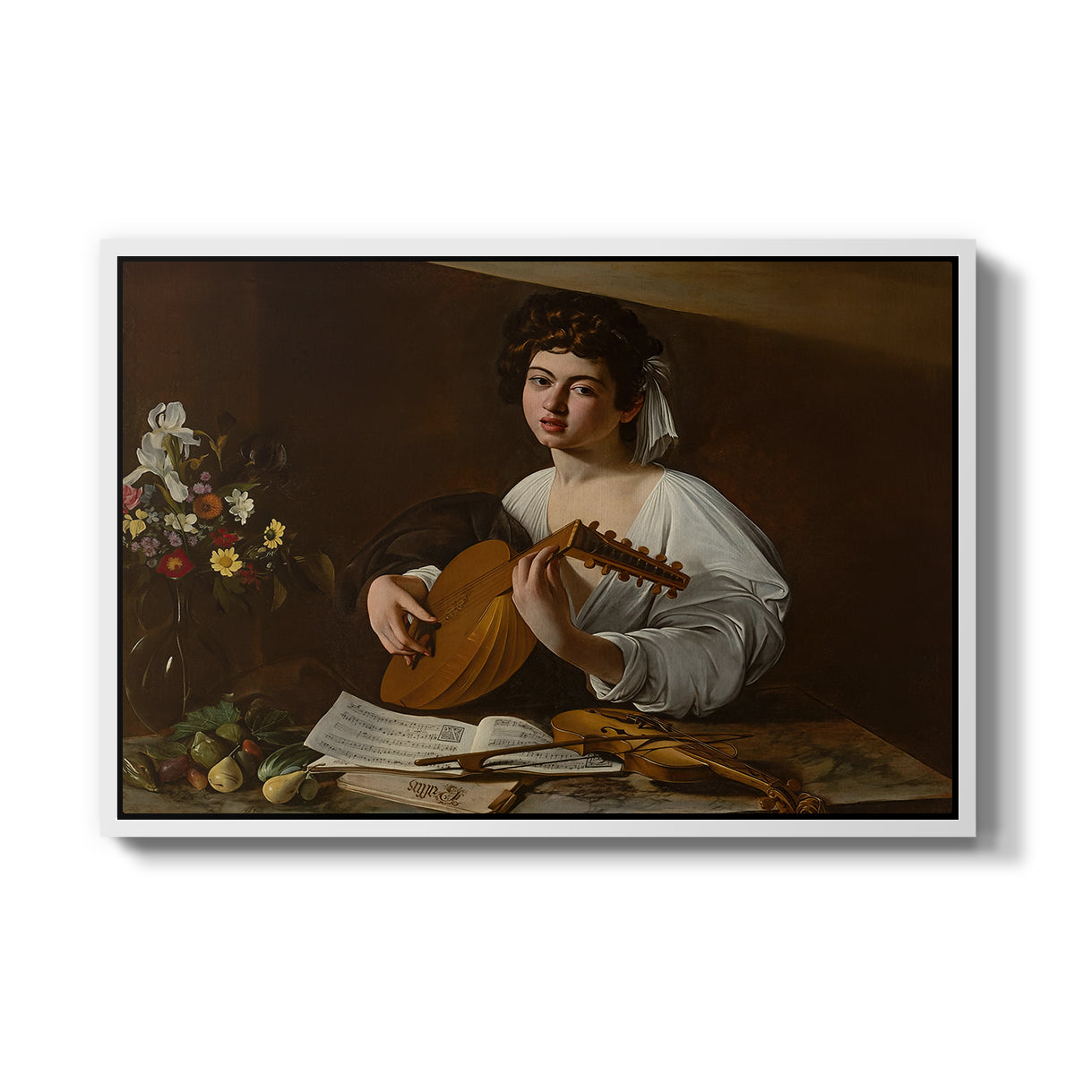 The Lute Player (Hermitage Version), c. 1596 by Caravaggio in a white floater framed canvas wall art display.