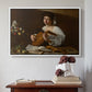 White floater framed canvas featuring The Lute Player (Hermitage Version), c. 1596 by Caravaggio above an entryway table in a minimalist foyer.