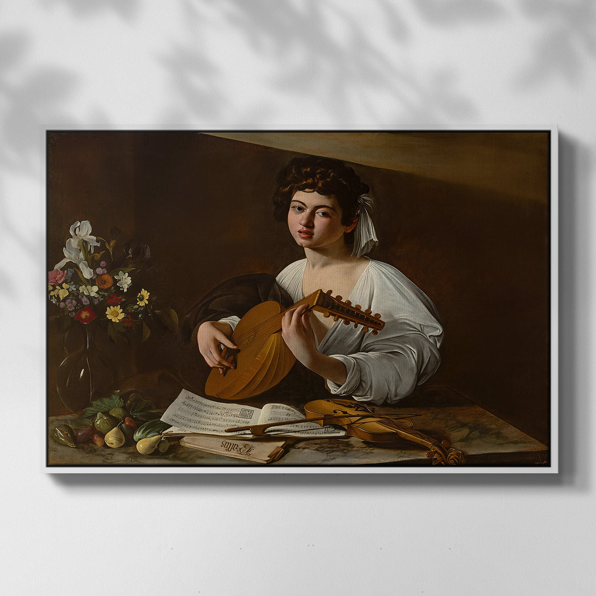 Front view of The Lute Player (Hermitage Version), c. 1596 by Caravaggio in a white floater framed canvas.