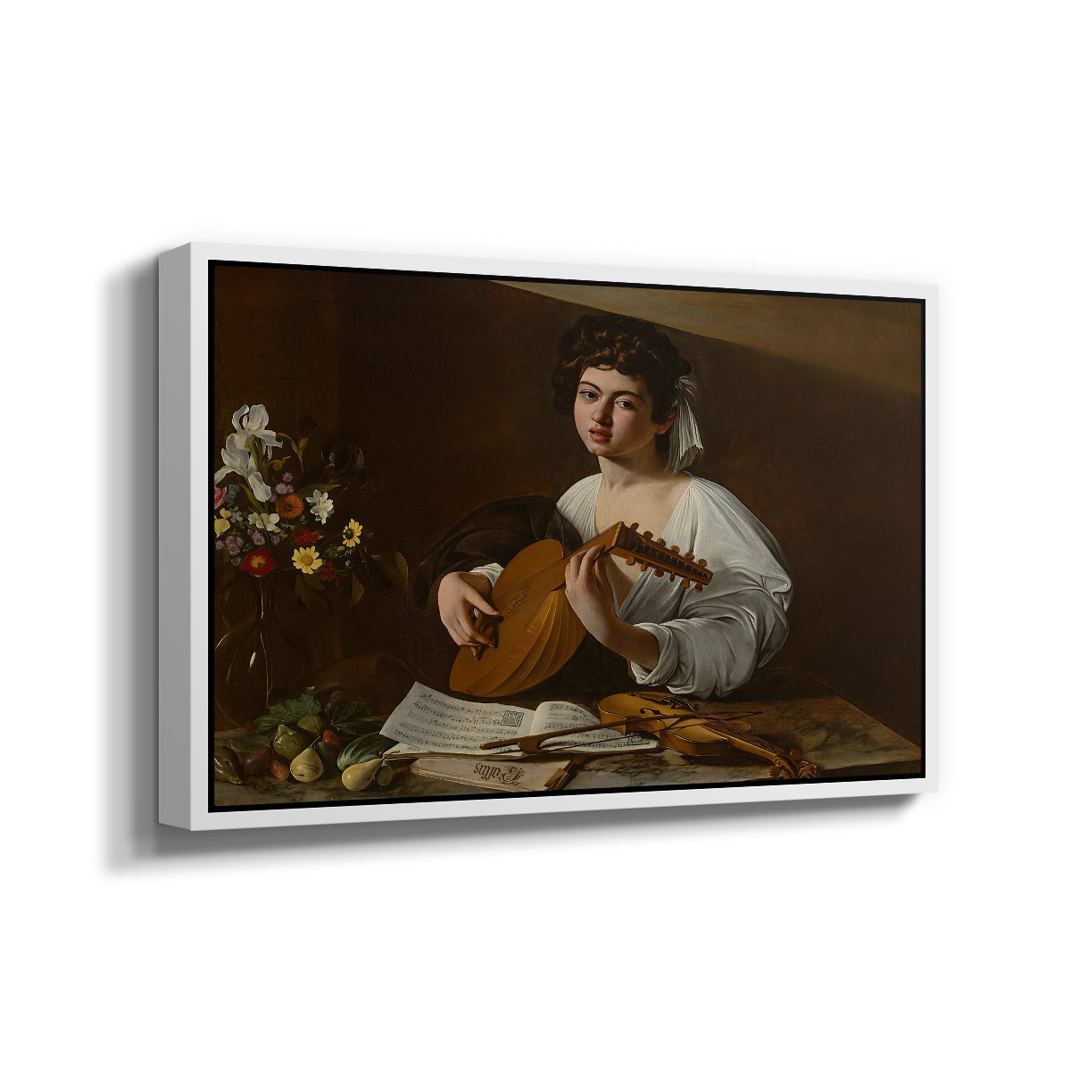 Angled view of The Lute Player (Hermitage Version), c. 1596 by Caravaggio in a white floater framed canvas.