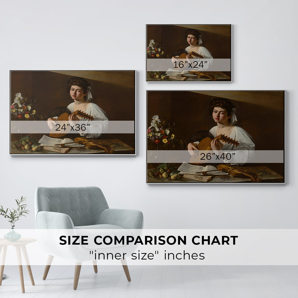 Size comparison chart for white floater framed canvas featuring The Lute Player (Hermitage Version), c. 1596 by Caravaggio.