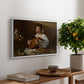 The Lute Player (Hermitage Version), c. 1596 by Caravaggio, presented in a white floater framed canvas featuring a young musician playing lute beside table with fruit and sheet music, displayed above a hallway console table.