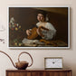 White floater framed canvas featuring an intimate musical scene with instrument and decorative objects, displayed above a cabinet in a soft-toned living room.