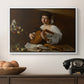The Lute Player (Hermitage Version), c. 1596 by Caravaggio in a white floater framed canvas displayed above a console table in a hallway, featuring a Baroque depiction of musician with detailed textures and lighting.