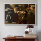 White floater framed canvas featuring The Crowning with Thorns (Vienna Version), c. 1602-1604 by Caravaggio above an entryway table in a minimalist foyer.