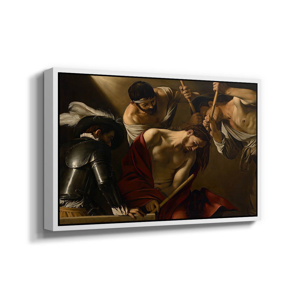 Angled view of The Crowning with Thorns (Vienna Version), c. 1602-1604 by Caravaggio in a white floater framed canvas.
