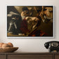 The Crowning with Thorns (Vienna Version), c. 1602-1604 by Caravaggio in a white floater framed canvas displayed above a console table in a hallway, featuring an intense religious composition with strong shadow and physical struggle.