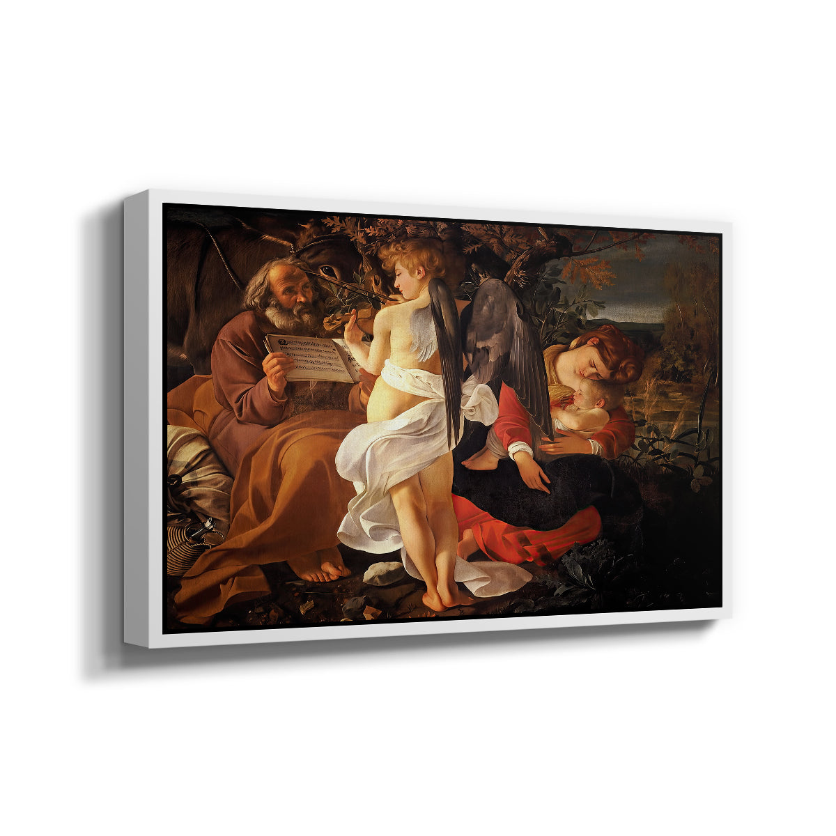 Angled view of Rest on the Flight into Egypt, c. 1597 by Caravaggio in a white floater framed canvas.