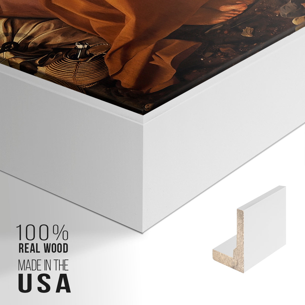 Close-up of the white floater frame corner and gallery wrapped canvas construction.