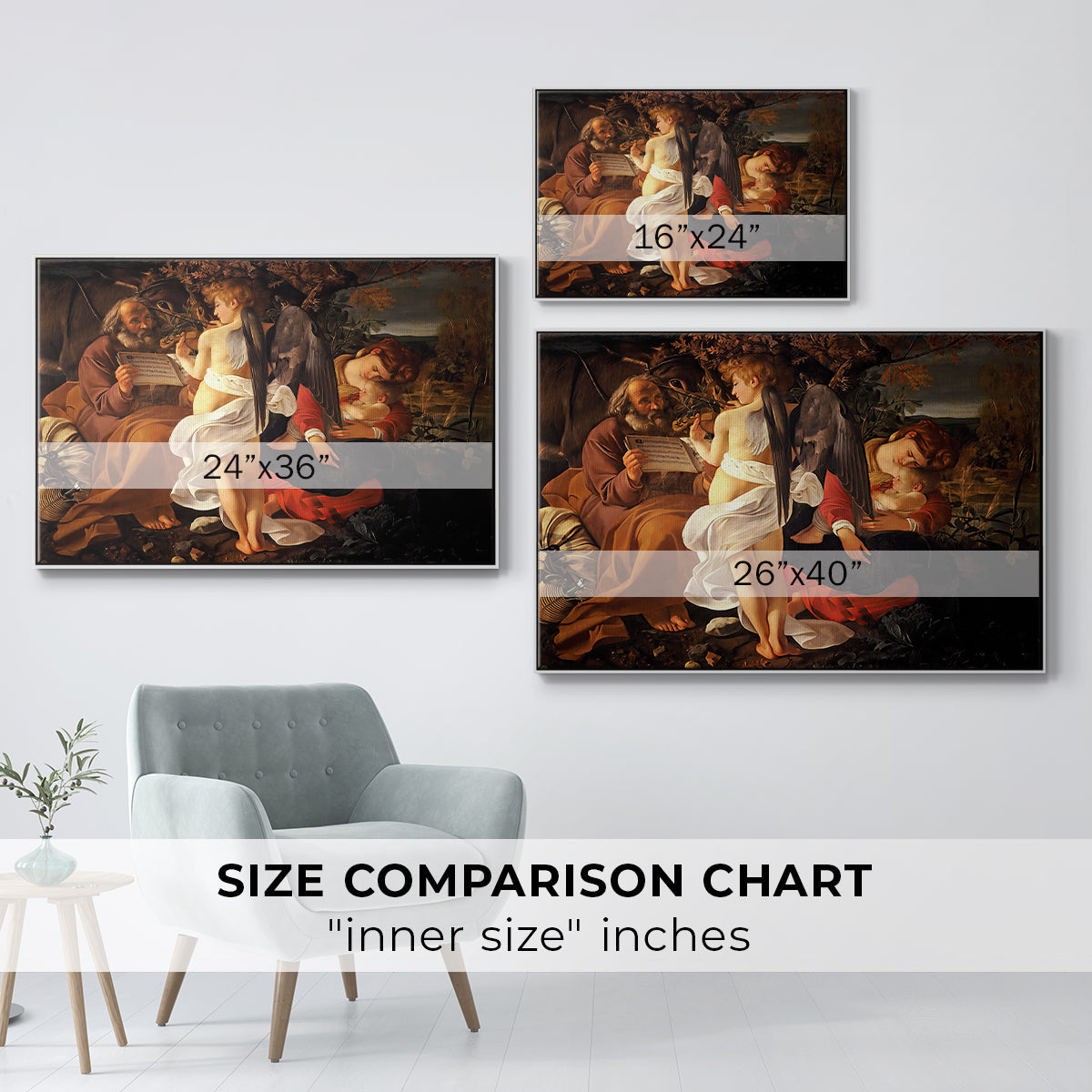 Size comparison chart for white floater framed canvas featuring Rest on the Flight into Egypt, c. 1597 by Caravaggio.