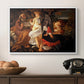 Rest on the Flight into Egypt, c. 1597 by Caravaggio in a white floater framed canvas displayed above a console table in a hallway, featuring a Baroque landscape with angel playing music for resting travelers.