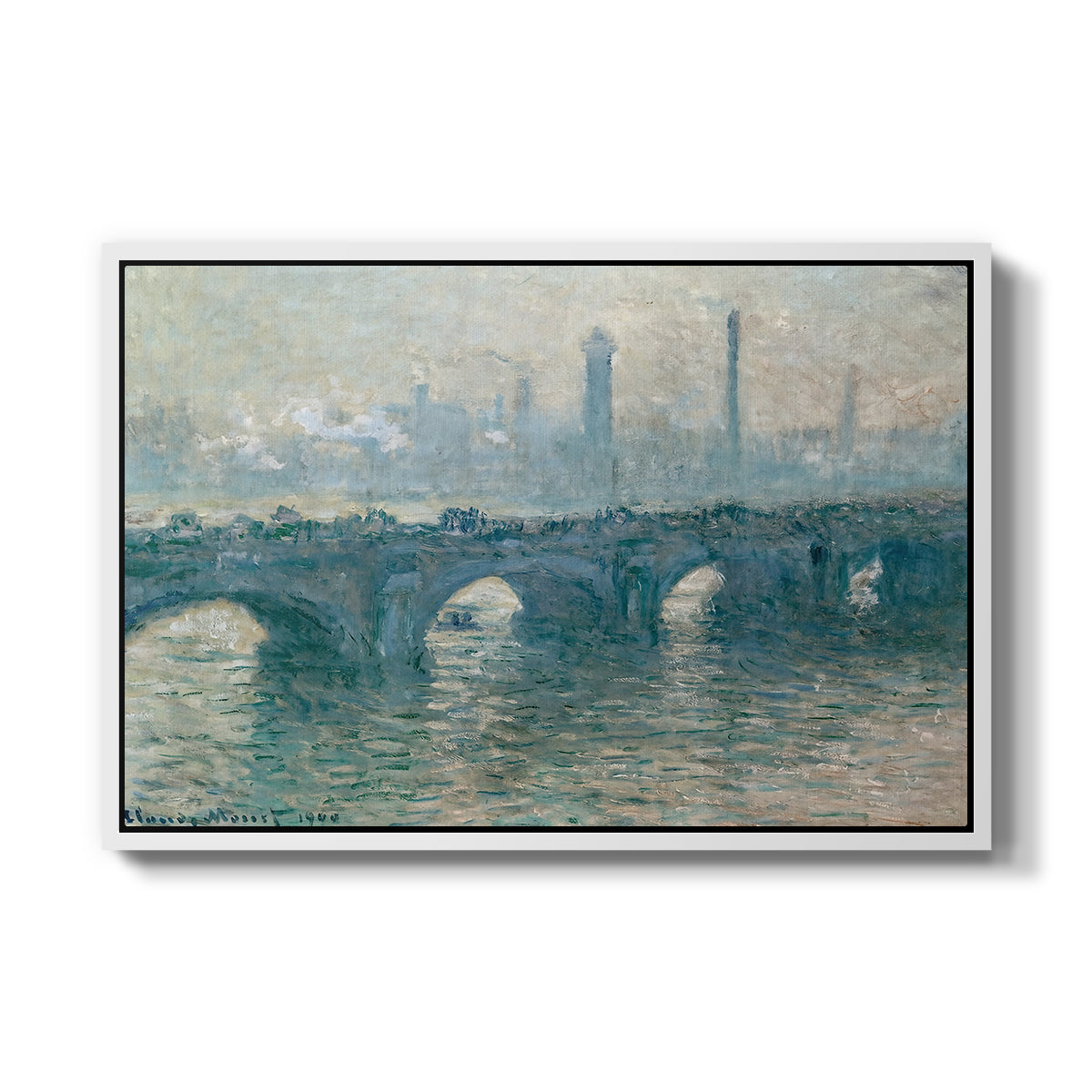 Waterloo Bridge, Gray Weather, 1900 by Claude Monet in a white floater framed canvas wall art display.