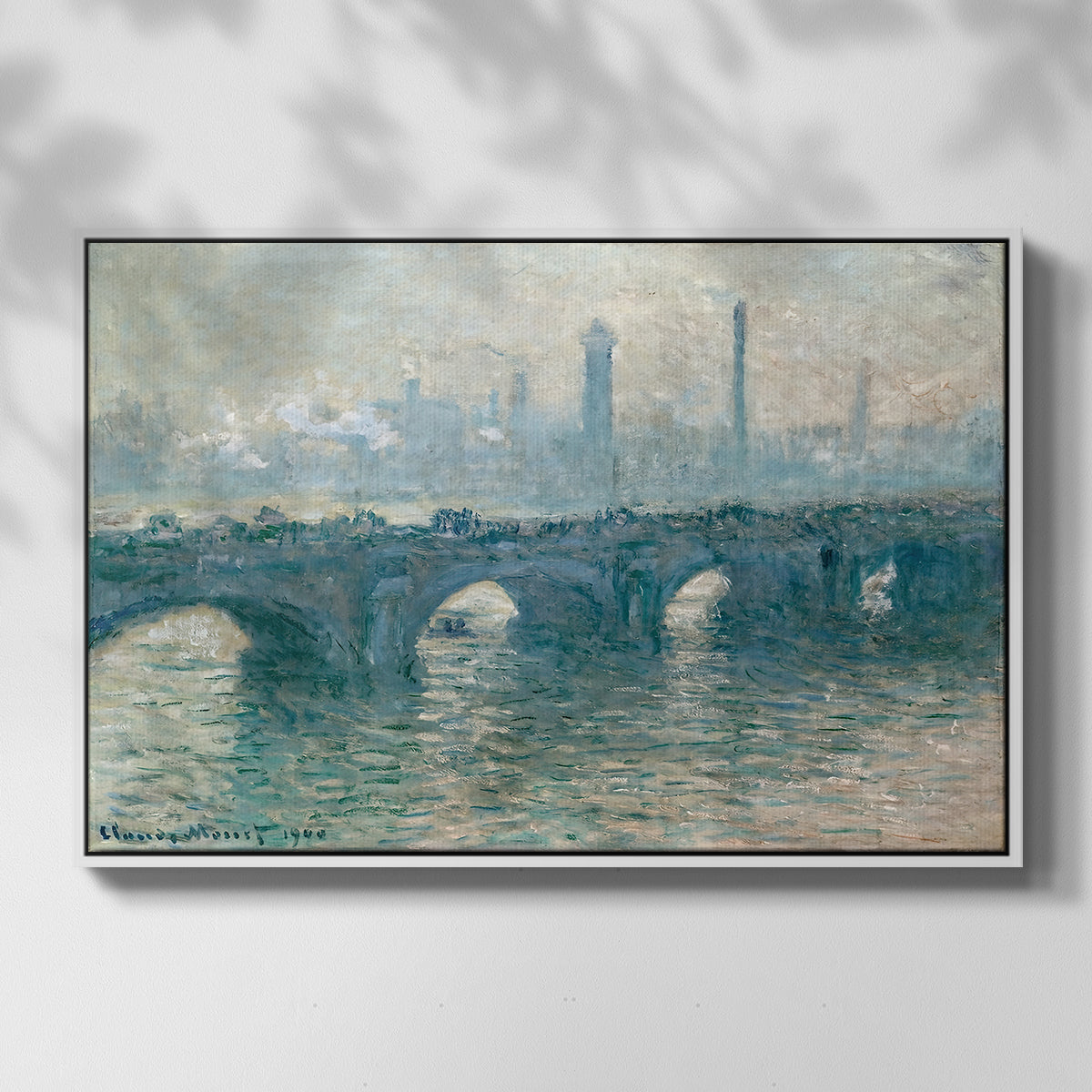 Front view of Waterloo Bridge, Gray Weather, 1900 by Claude Monet in a white floater framed canvas.