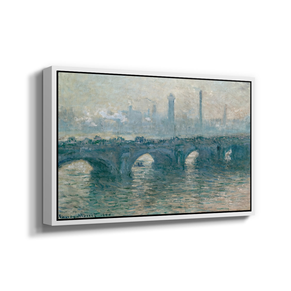 Angled view of Waterloo Bridge, Gray Weather, 1900 by Claude Monet in a white floater framed canvas.